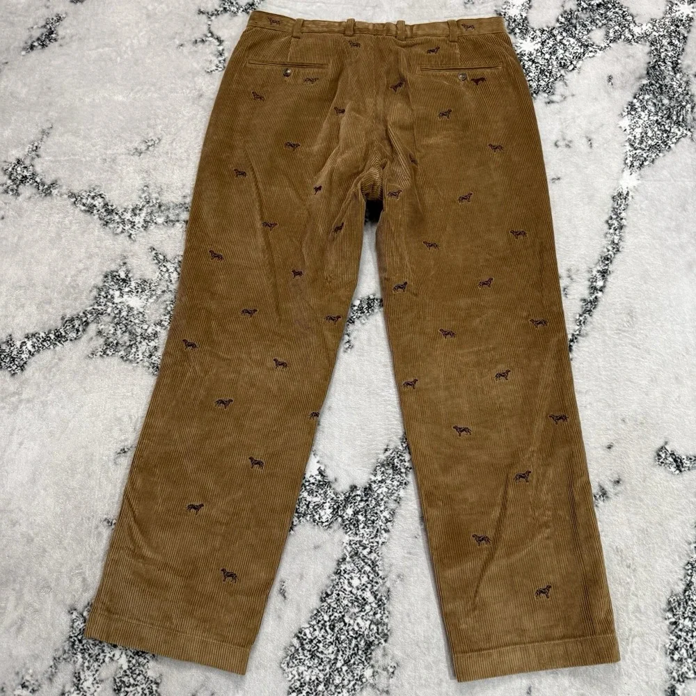 Brooks Brothers Hudson Mens 38X32 Corduroy Pants Embroidered Dogs Print Brown